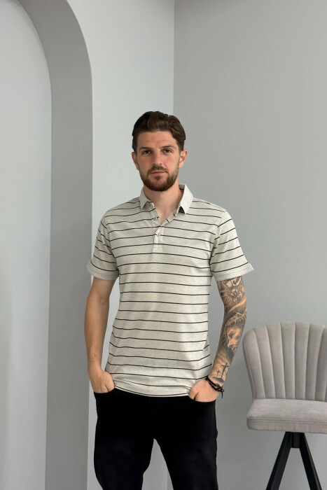 T-SHIRT ME VIJA ME JAKE POLO PER MESHKUJ NE NGJYRE GRI TE ZBARDHUR - 1