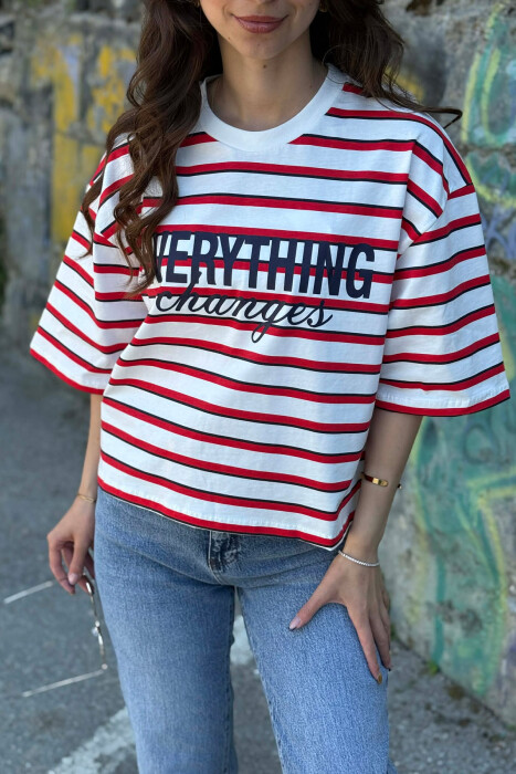 T-SHIRT ME VIJA PER FEMRA NE NGJYRE TE BARDHE ME TE KUQE - 5