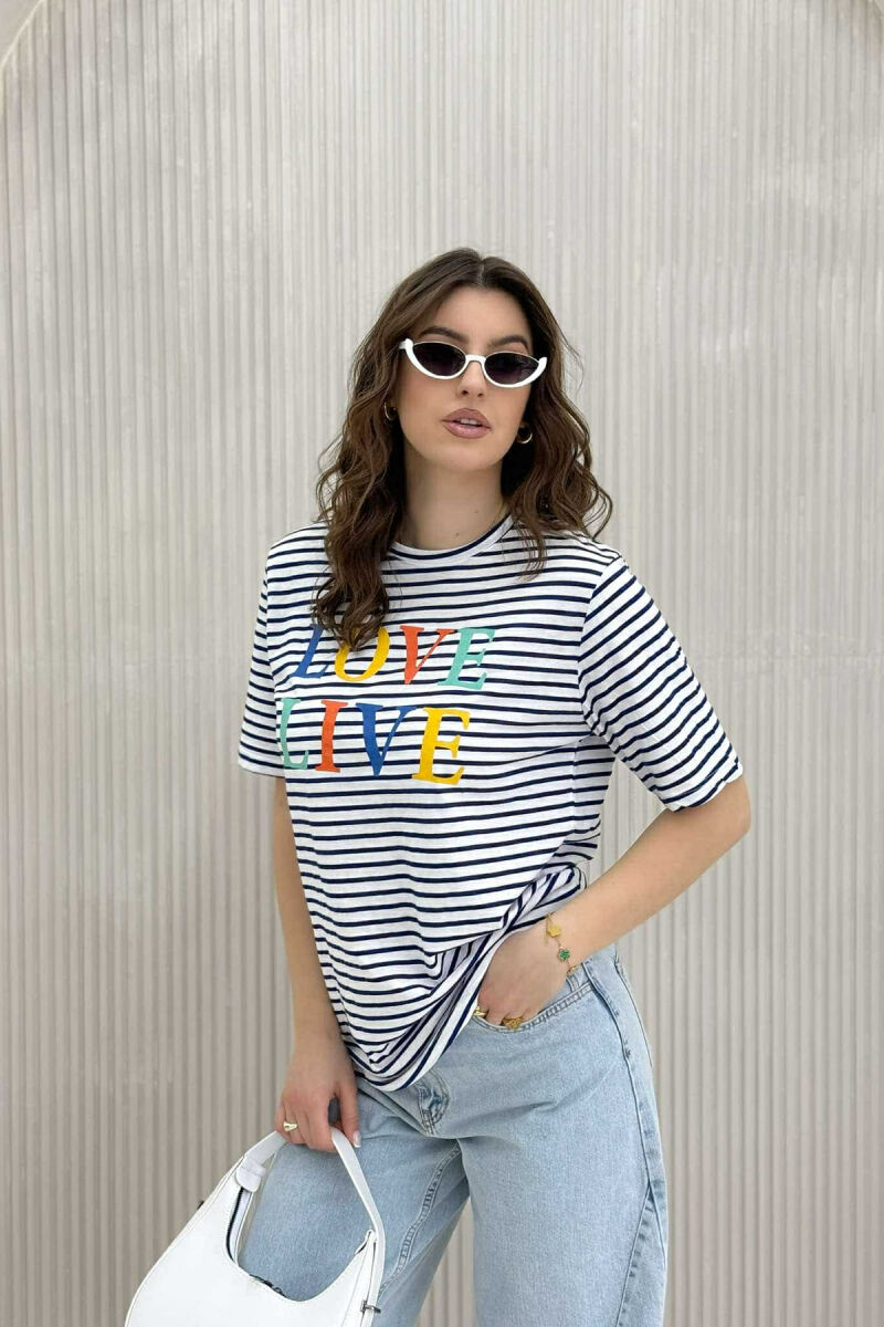 T-SHIRT ME VIJA PËR FEMRA NË NGJYRËN BLU ME TË BARDHË - 1