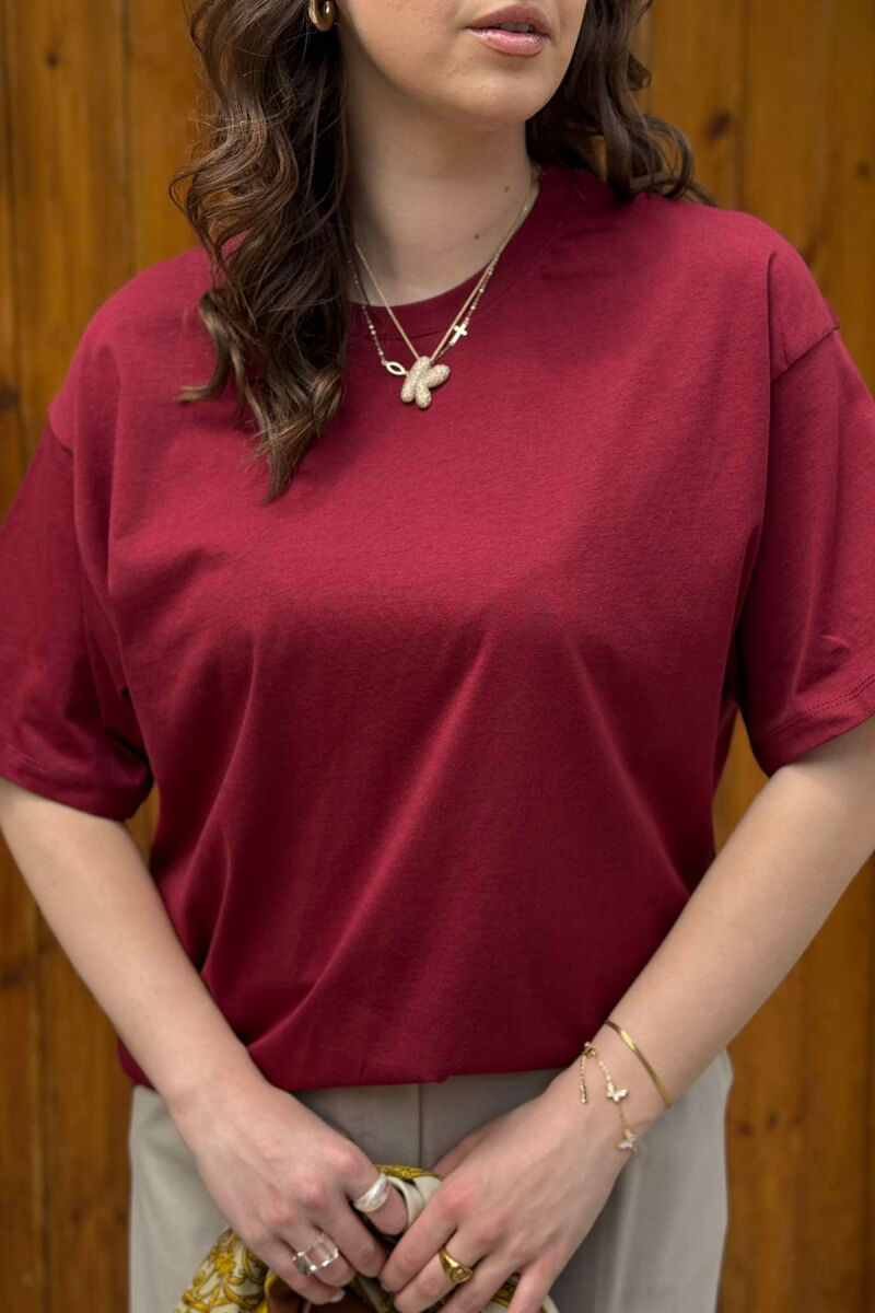 T-SHIRT NJË NGJYRËSH I THJESHTË PËR FEMRA NË NGJYRËN VISHNJË - 4