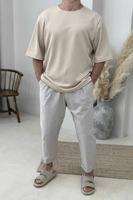 T-SHIRT NJË NGJYRËSH I THJESHTË PËR MESHKUJ NË NGJYRËN BEZHË - 1