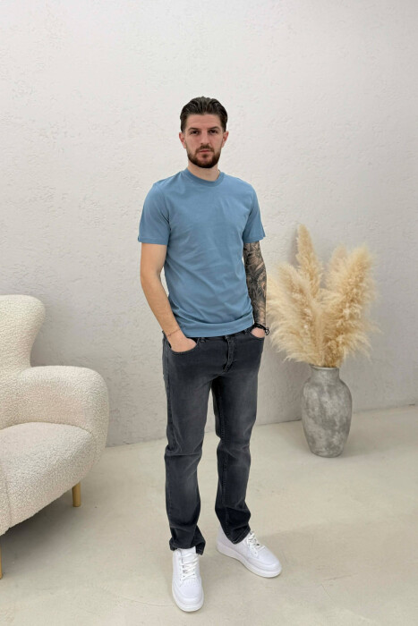 T-SHIRT NJË NGJYRËSH I THJESHTË PËR MESHKUJ NË NGJYRËN BLU - 3