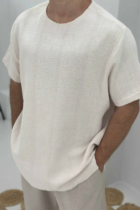 T-SHIRT NJË NGJYRËSH I THJESHTË PËR MESHKUJ NË NGJYRËN KREM - 3