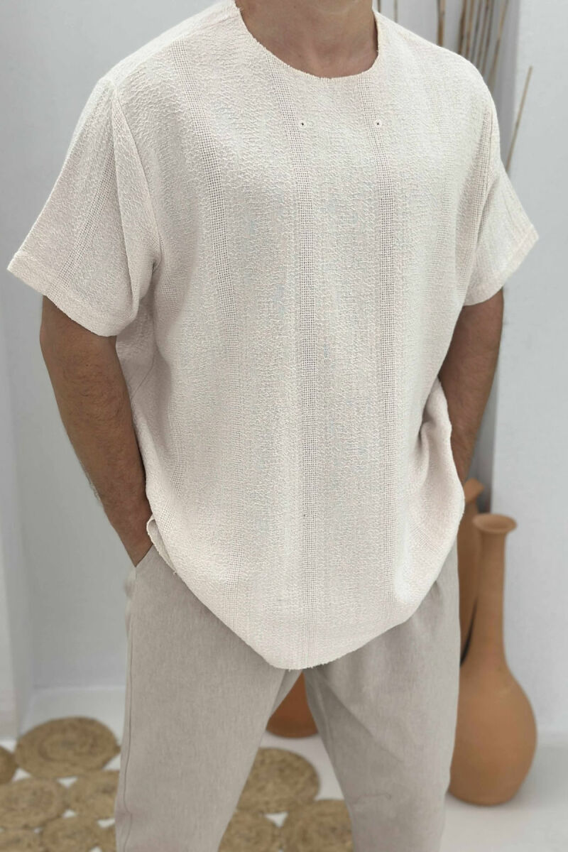T-SHIRT NJË NGJYRËSH I THJESHTË PËR MESHKUJ NË NGJYRËN KREM - 5