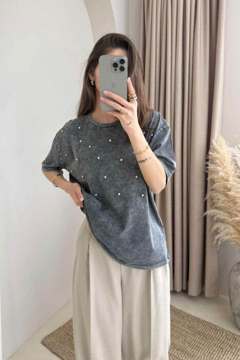 T-SHIRT NJË NGJYRËSH ME DETAJIN E GURËVE PËR FEMRA NË NGJYRËN GRI - 1