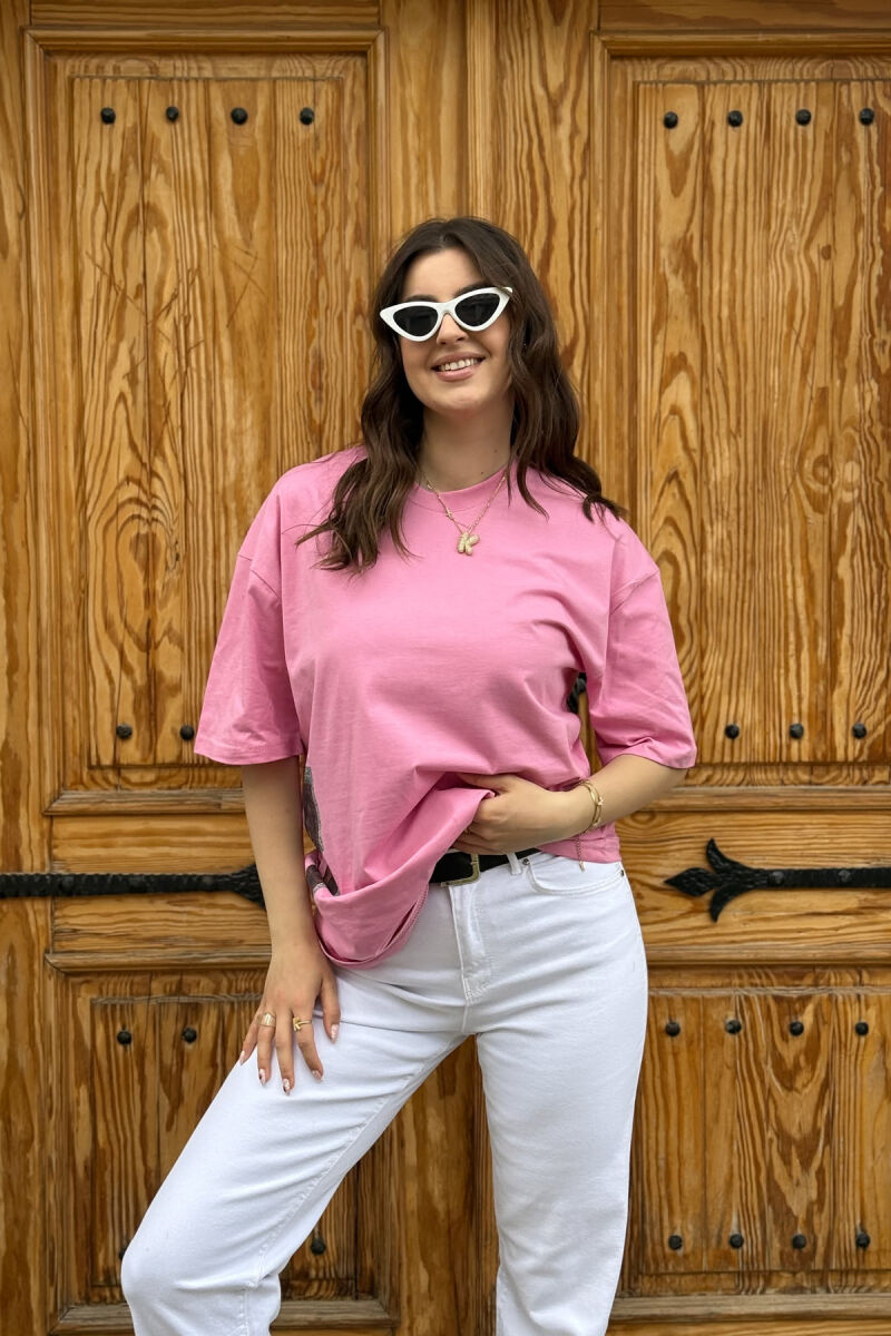 T-SHIRT NJË NGJYRËSH ME DIZAJN PËR FEMRA NË NGJYRËN ROZË - 2