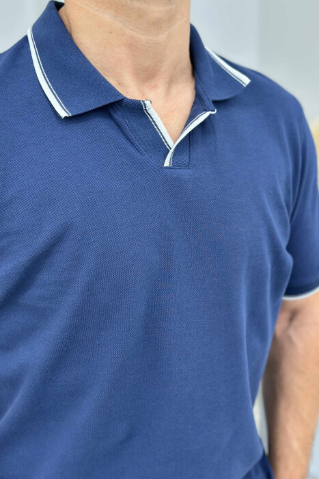 T-SHIRT NJË NGJYRËSH ME JAKË POLO PËR MESHKUJ NË NGJYRËN BLU - 4