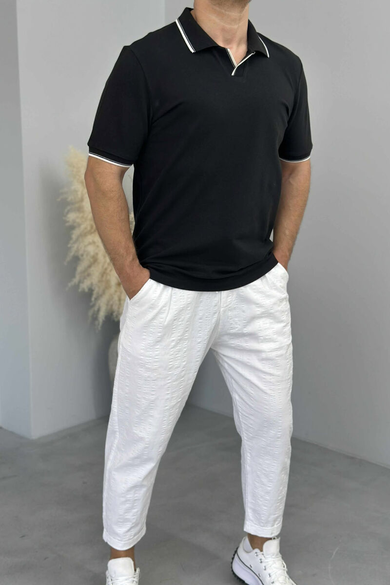 T-SHIRT NJË NGJYRËSH ME JAKË POLO PËR MESHKUJ NË NGJYRËN E ZEZË - 2