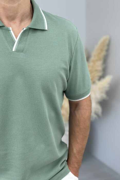 T-SHIRT NJË NGJYRËSH ME JAKË POLO PËR MESHKUJ NË NGJYRËN MENTE - 4