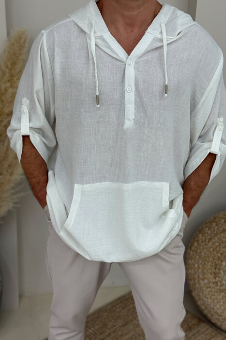 T-SHIRT NJË NGJYRËSH ME KAPUÇ PËR MESHKUJ NË NGJYRËN E BARDHË - 4