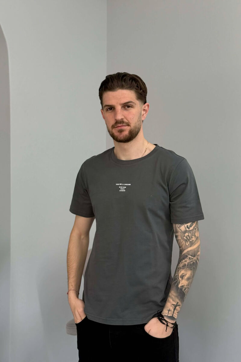 T-SHIRT NJE NGJYRESH ME SHKRIME TE THJESHTA PER MESHKUJ NE NGJYRE GRI - 1