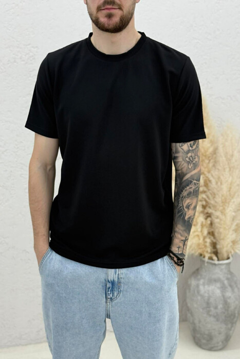 T-SHIRT NJË NGJYRËSH ME TEKSTURË PËR MESHKUJ NË NGJYRËN E ZEZE - 3