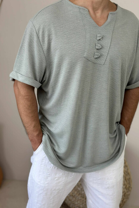 T-SHIRT NJË NGJYRËSH ME XHEP PËR MESHKUJ NË NGJYRËN MENTE - 3