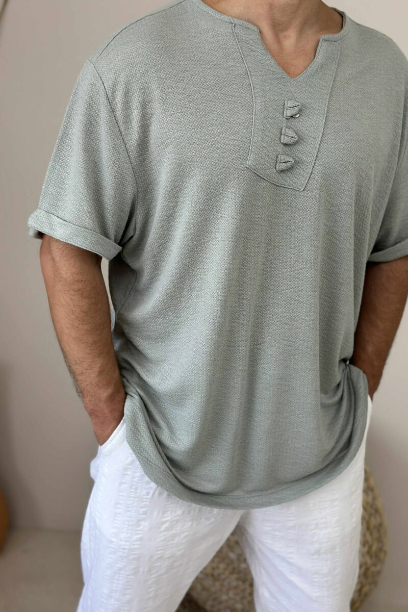 T-SHIRT NJË NGJYRËSH ME XHEP PËR MESHKUJ NË NGJYRËN MENTE - 3