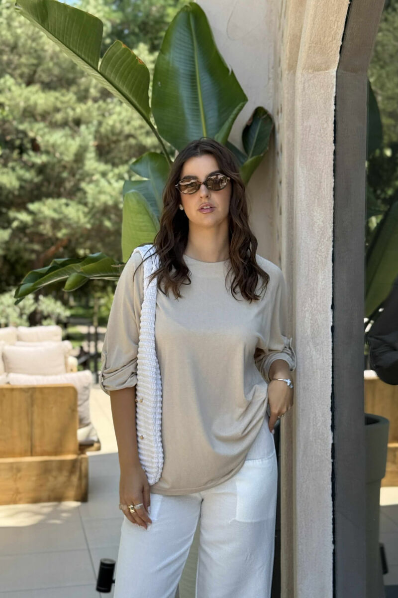 T-SHIRT NJË NGJYRËSH PËR FEMRA NË NGJYRËN BEZHË - 4