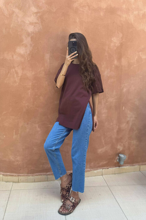 T-SHIRT NJËNGJYRËSH PËR FEMRA NË NGJYRËN KAFE - 4