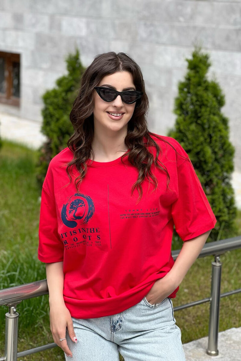 T-SHIRT PAMBUKU PËR FEMRA NË NGJYRËN E KUQE - 2