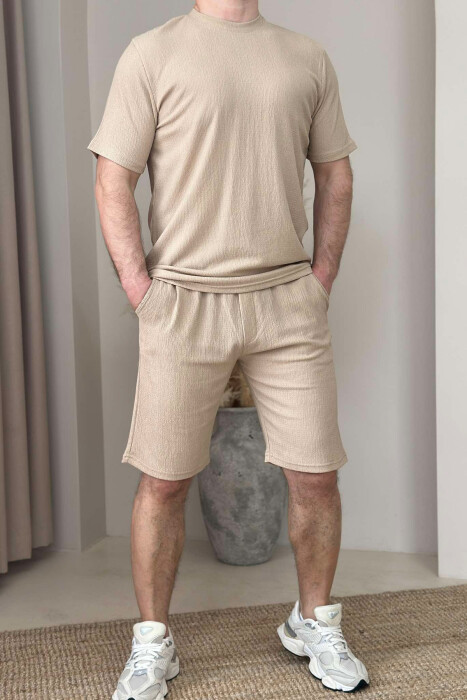 SET NJË NGJYRËSH T-SHIRT+TUTA TË SHKURTRA PËR MESHKUJ NË NGJYRËN BEZHË 