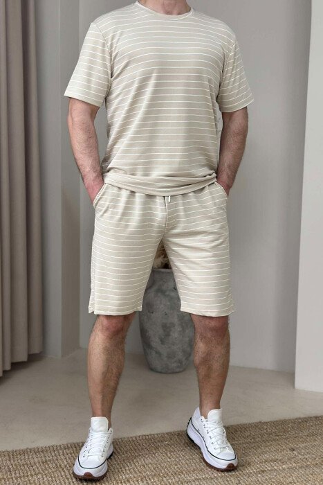 T-SHIRT+SHORT SWEATPANTS STRIPED MEN SET BEIGE/BEZHE 