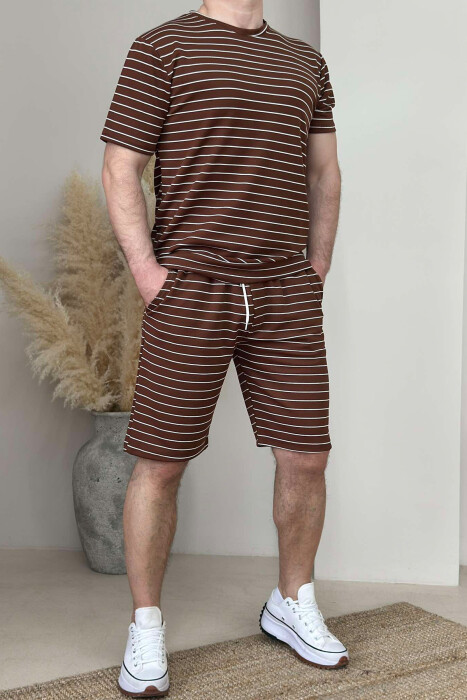 T-SHIRT+SHORT SWEATPANTS STRIPED MEN SET BROWN/KAFE 