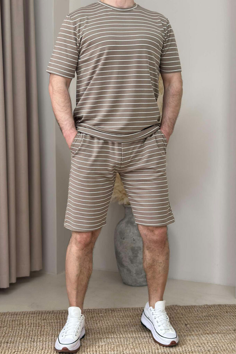 T-SHIRT+SHORT SWEATPANTS STRIPED MEN SET LIGHT BROWN/KAZB - 1