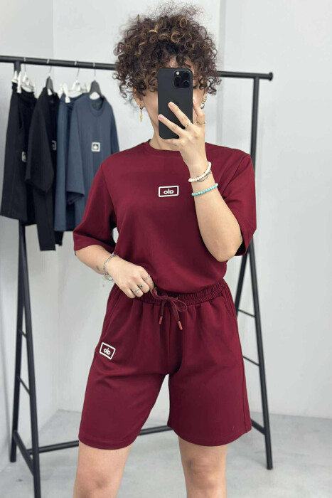 T-SHIRT+SHORTS ALO WRITTING WOMEN SET BURGUNDY/VISHNJE 