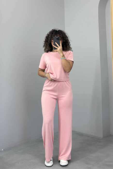 T-SHIRT+SWEATPANTS ONE COLOR ELASTIC WOMEN SET POWDER/PUDER - 1