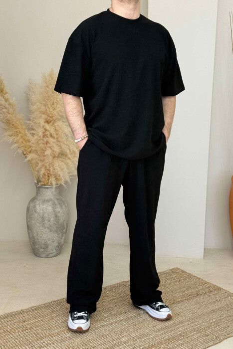 T-SHIRT+SWEATPANTS ONE COLOR TEXTURED MEN SET BLACK/ E ZEZE 
