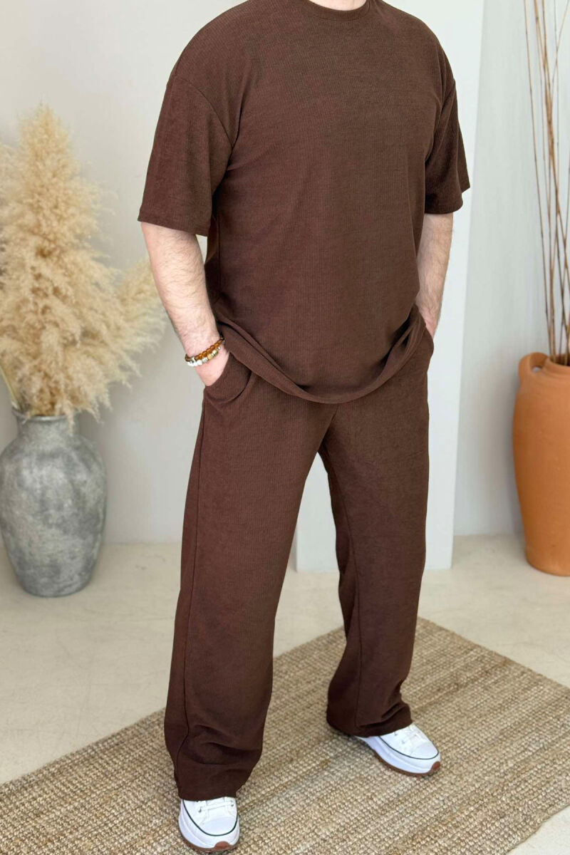 T-SHIRT+SWEATPANTS ONE COLOR TEXTURED MEN SET BROWN/KAFE - 1