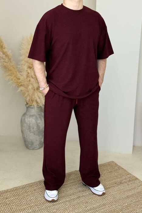 T-SHIRT+SWEATPANTS ONE COLOR TEXTURED MEN SET BURGUNDY/VISHNJE - 1
