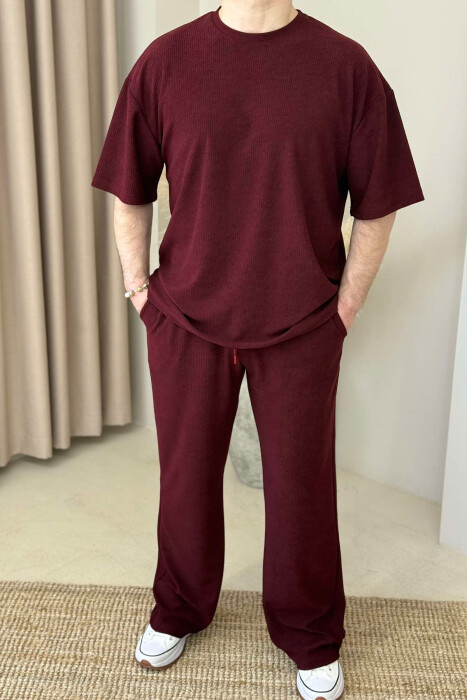 T-SHIRT+SWEATPANTS ONE COLOR TEXTURED MEN SET BURGUNDY/VISHNJE - 4