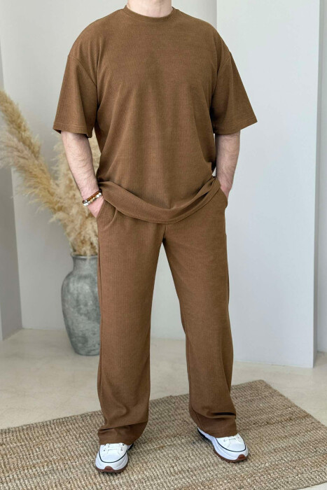T-SHIRT+SWEATPANTS ONE COLOR TEXTURED MEN SET LIGHT BROWN/KAZB 
