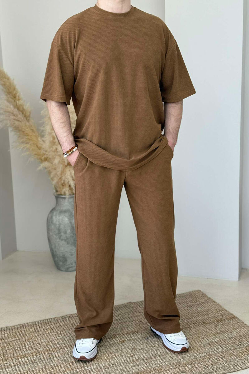 T-SHIRT+SWEATPANTS ONE COLOR TEXTURED MEN SET LIGHT BROWN/KAZB - 1