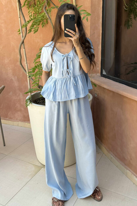 T-SHIRT+TROUSERS LACINGS ONE COLOR WOMEN SET BABY BLUE/BLU BY 