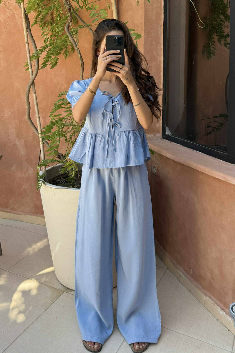 T-SHIRT+TROUSERS LACINGS ONE COLOR WOMEN SET LIGHTBLUE/BZ - 1