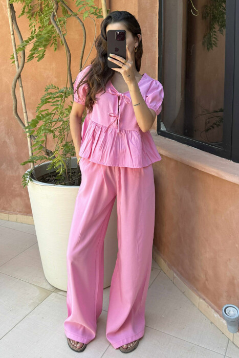 T-SHIRT+TROUSERS LACINGS ONE COLOR WOMEN SET PINK/ROZE 