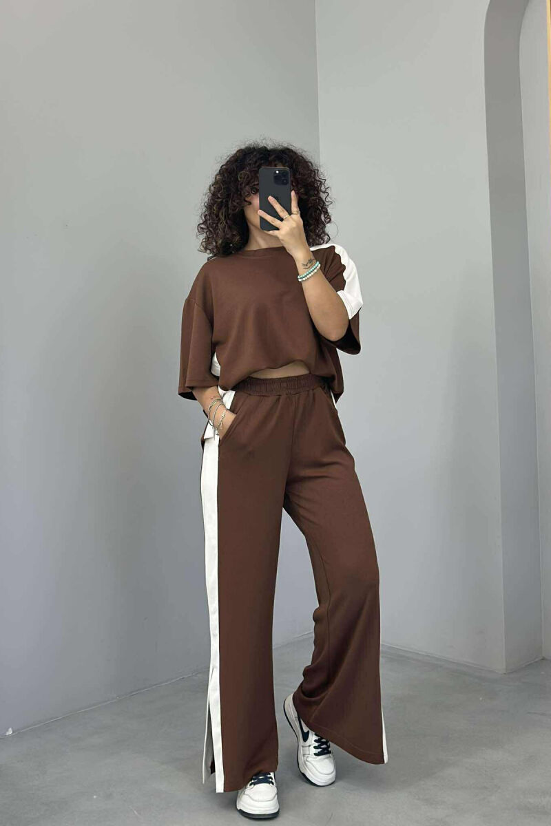 T-SHIRT+TROUSERS SIMPLE STRIPED WOMEN SET BROWN/KAFE - 1