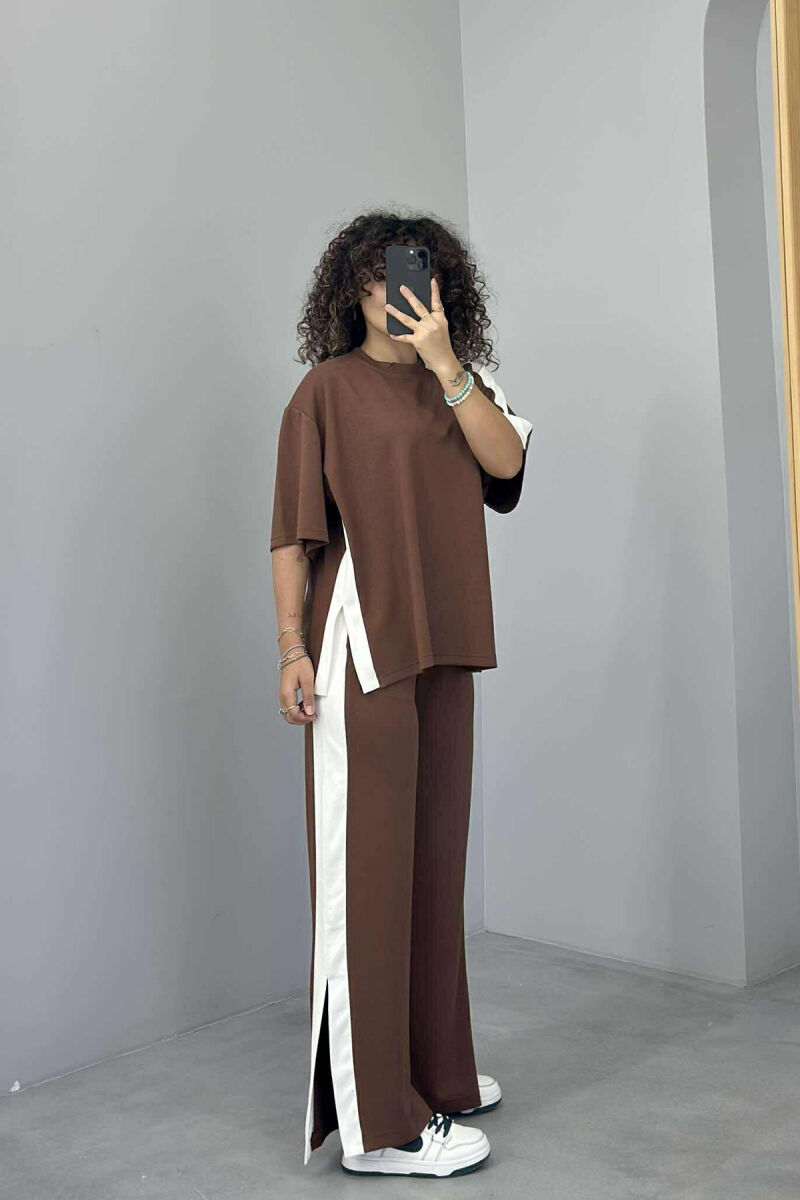 T-SHIRT+TROUSERS SIMPLE STRIPED WOMEN SET BROWN/KAFE - 4