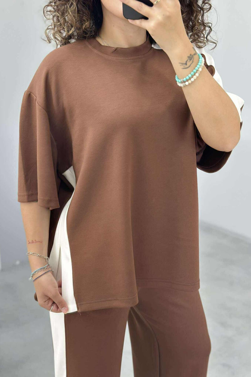 T-SHIRT+TROUSERS SIMPLE STRIPED WOMEN SET BROWN/KAFE - 5