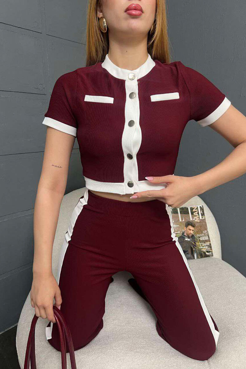 T-SHIRT+TROUSERS STRIPED BUTTONS WOMEN SET BURGUNDY/VISHNJE - 1