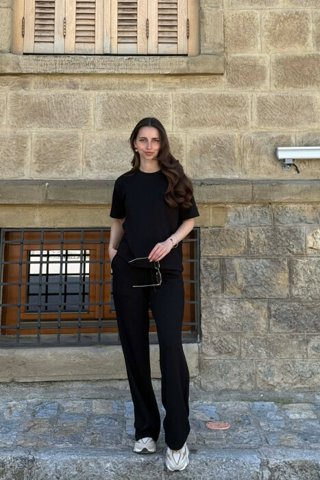 T-SHIRT+WIDE LEG SWEATPANTS ONE COLOR WOMEN SET BLACK/ E ZEZE - 1