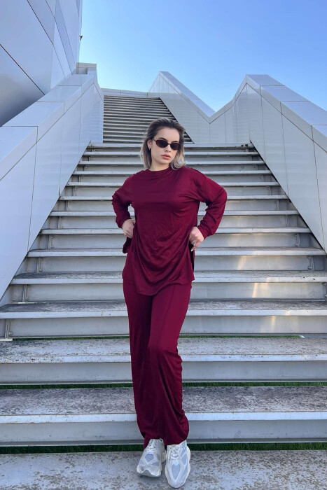 T-SHIRT+WIDE LEG SWEATPANTS ONE COLOR WOMEN SET BURGUNDY/VISHNJE 