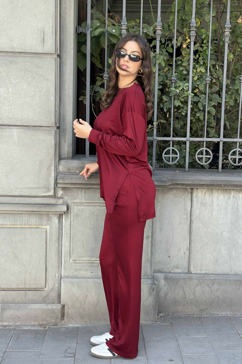 T-SHIRT+WIDE LEG SWEATPANTS ONE COLOR WOMEN SET BURGUNDY/VISHNJE - 3