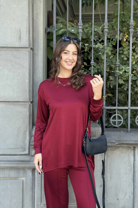 T-SHIRT+WIDE LEG SWEATPANTS ONE COLOR WOMEN SET BURGUNDY/VISHNJE - 5