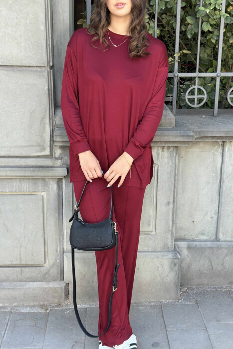 T-SHIRT+WIDE LEG SWEATPANTS ONE COLOR WOMEN SET BURGUNDY/VISHNJE - 4