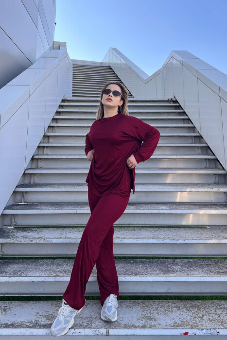 T-SHIRT+WIDE LEG SWEATPANTS ONE COLOR WOMEN SET BURGUNDY/VISHNJE - 2