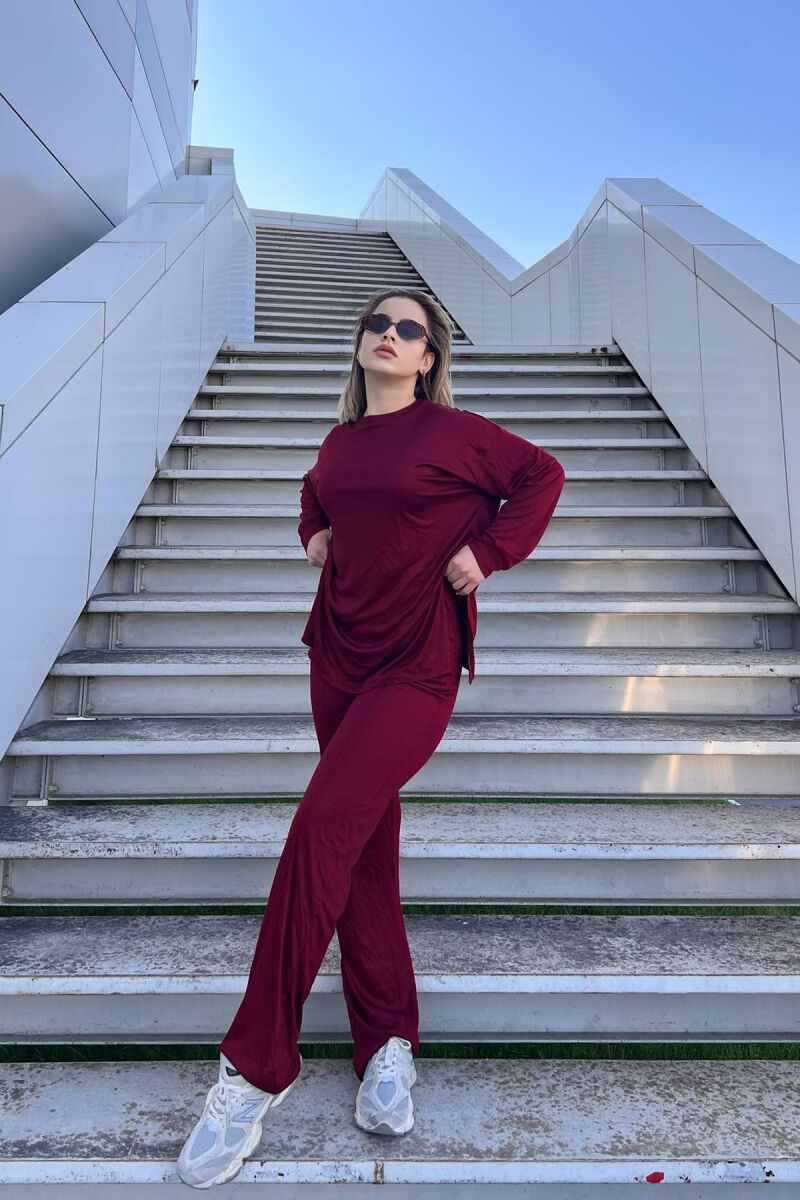 T-SHIRT+WIDE LEG SWEATPANTS ONE COLOR WOMEN SET BURGUNDY/VISHNJE - 2