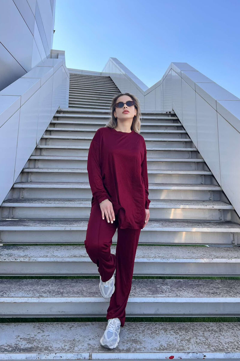 T-SHIRT+WIDE LEG SWEATPANTS ONE COLOR WOMEN SET BURGUNDY/VISHNJE - 3