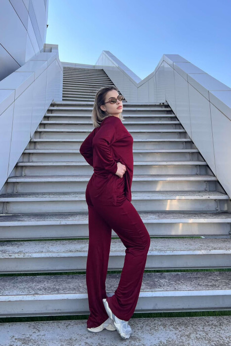 T-SHIRT+WIDE LEG SWEATPANTS ONE COLOR WOMEN SET BURGUNDY/VISHNJE - 4