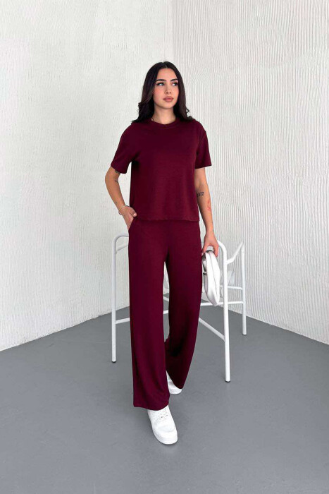 T-SHIRT+WIDE LEG SWEATPANTS ONE COLOR WOMEN SET BURGUNDY/VISHNJE 